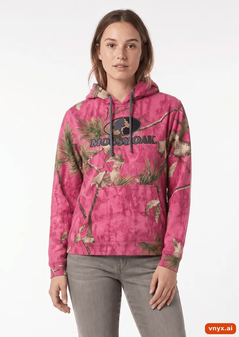Pink hoodie on model, front