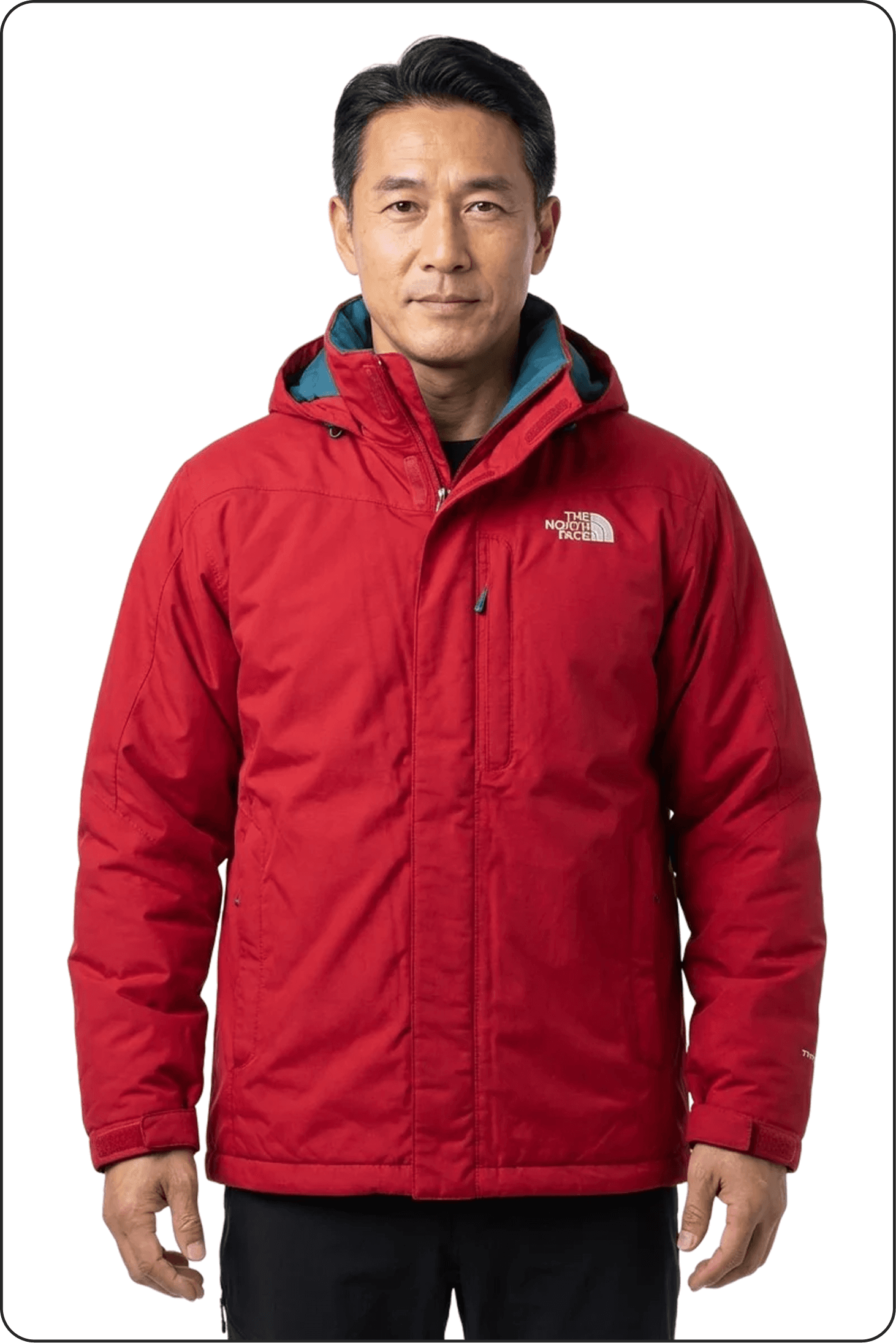 Red jacket on model, front