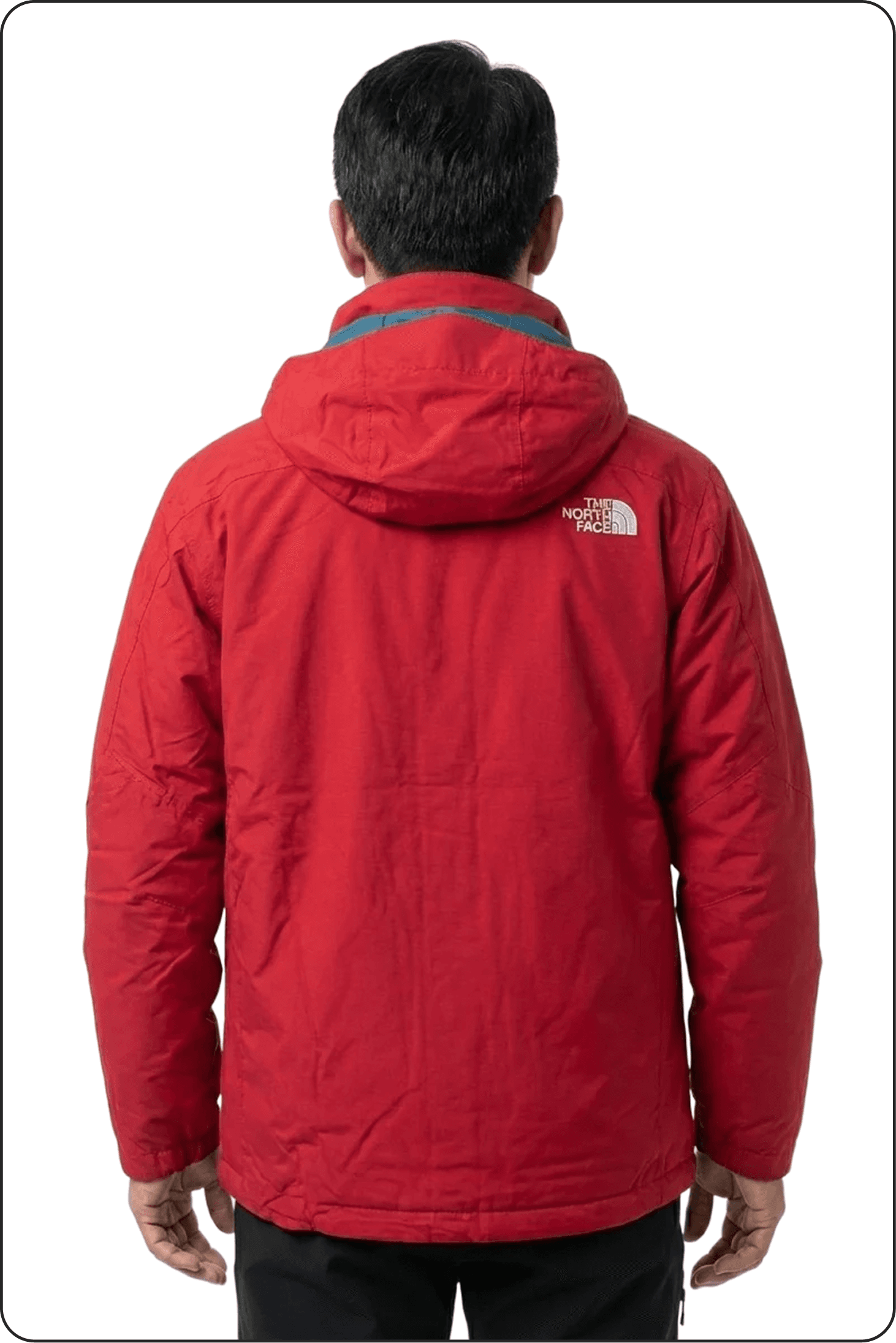 Red jacket on model, back